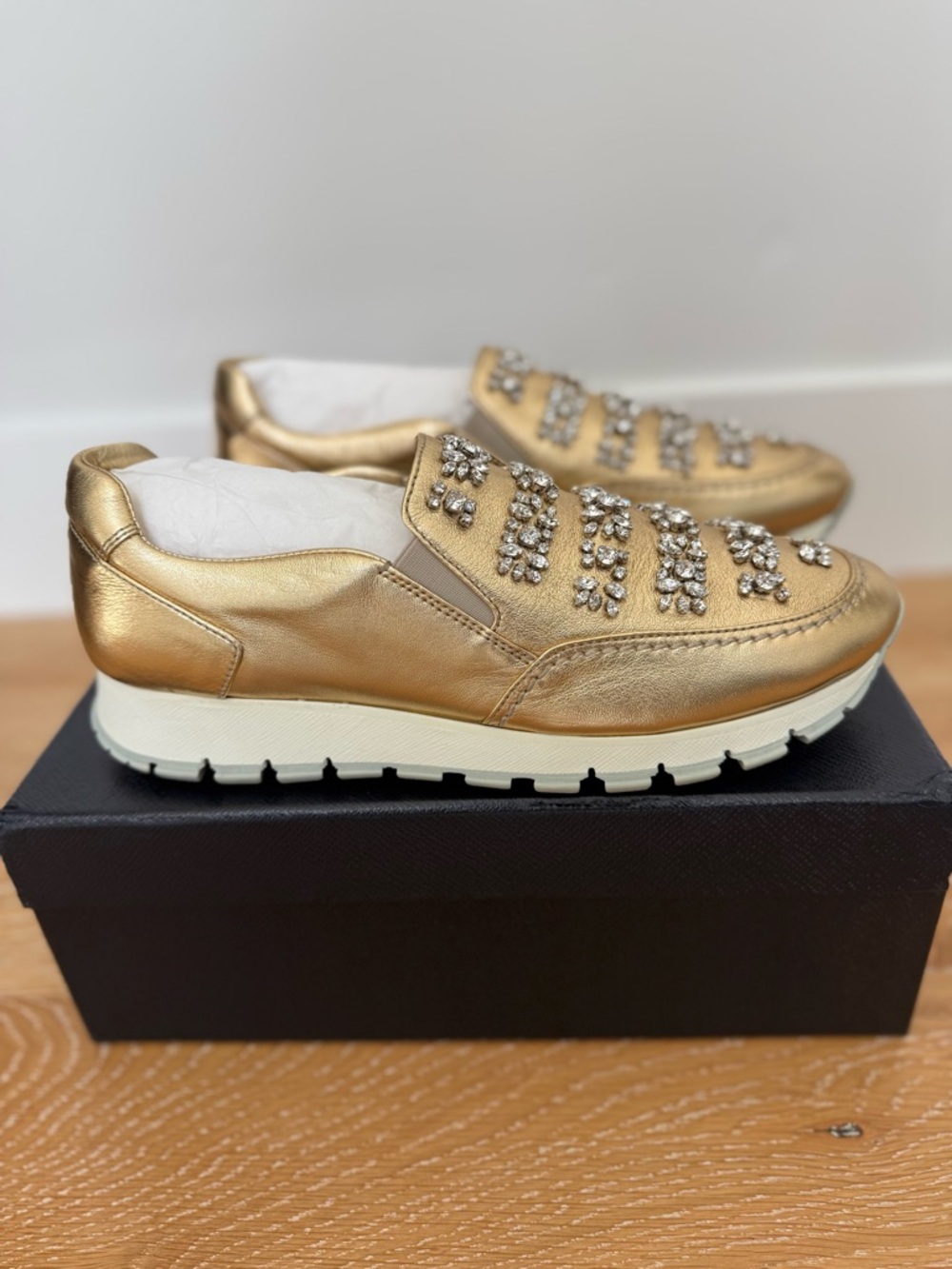 Beautiful Prada Metallic Gold Crystal-Strap Leather Loafers - US 10/EU 40 - NWOT - Picture 3 of 9